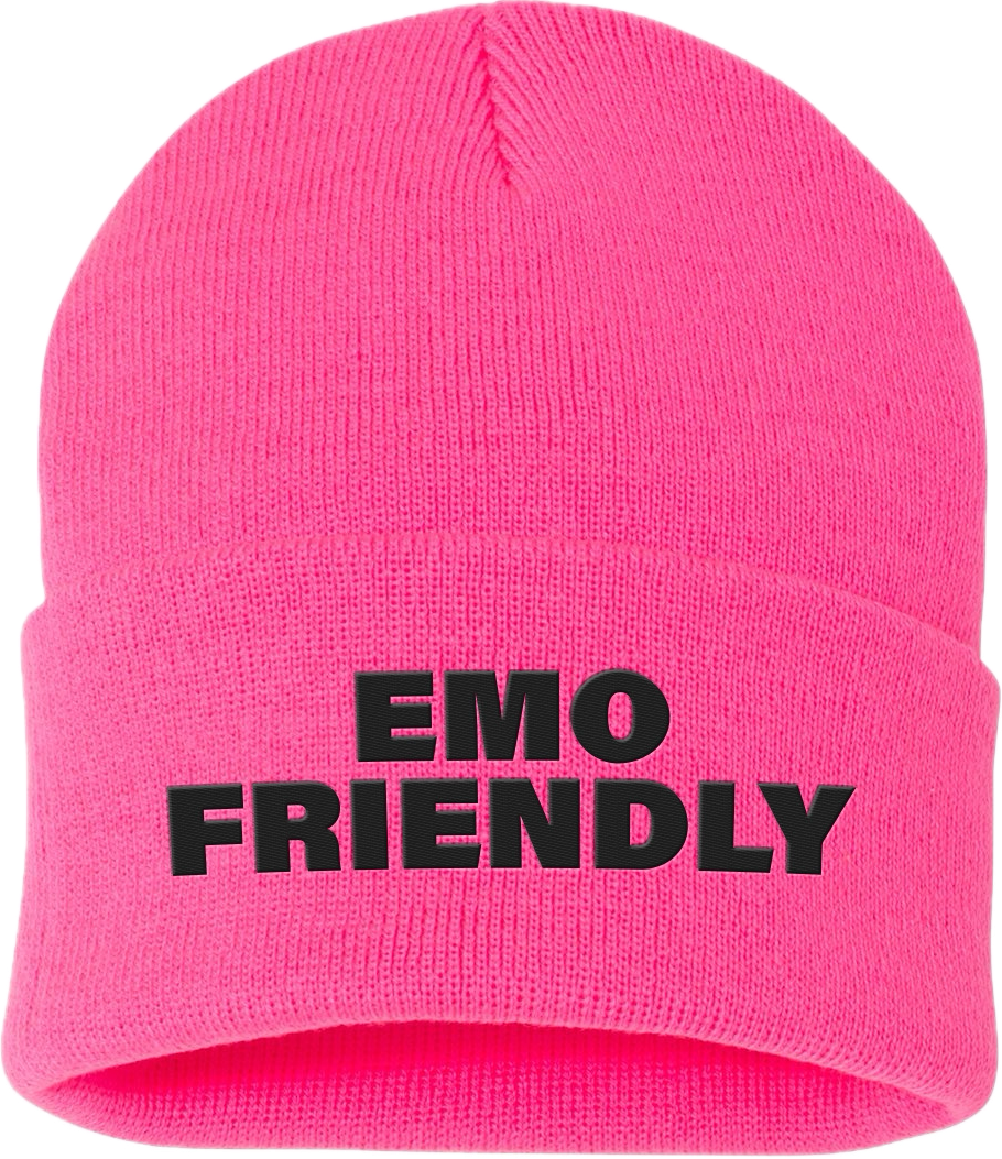 neon pink EMO FRIENDLY beanie