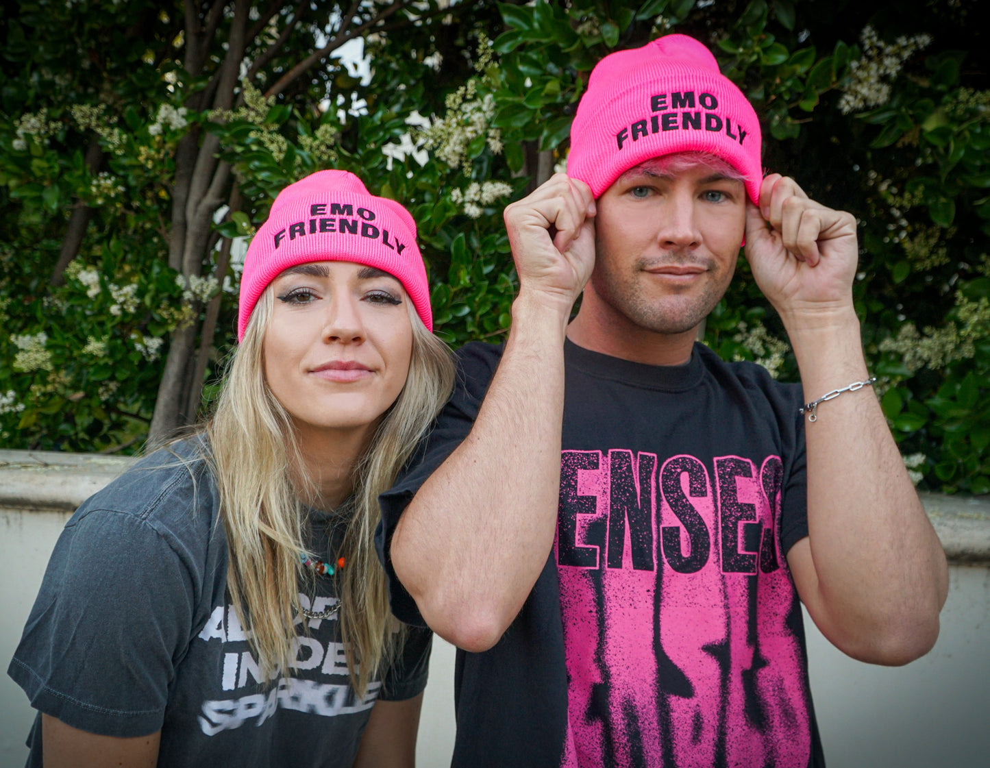 neon pink EMO FRIENDLY beanie