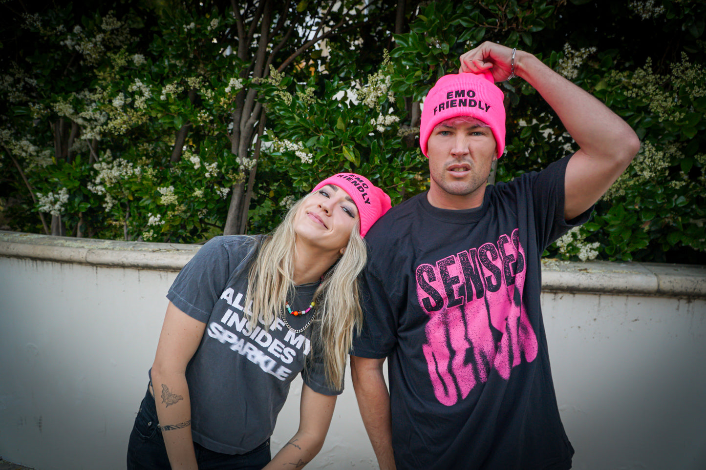 neon pink EMO FRIENDLY beanie