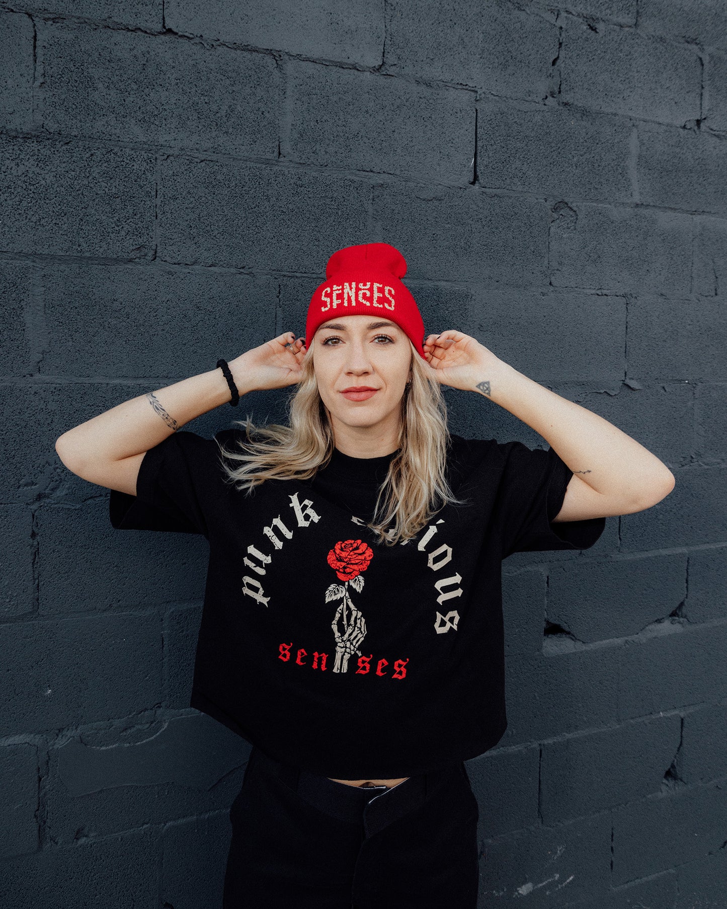 senses red beanie