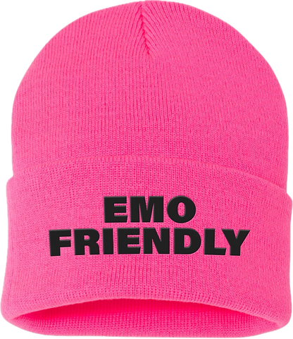 neon pink EMO FRIENDLY beanie